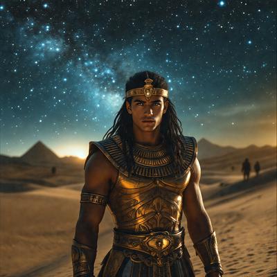 The primary subject of the image is a man wearing a gold and brown costume, standing in a desert-like environment. The setting includes a sky background, and the visual style appears to be a digital art or illustration. The colors in the image are predominantly gold and brown, giving the scene a warm and natural atmosphere.